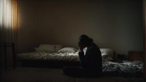 a person sits on the bed with their head in their hands in a dimly lit room.